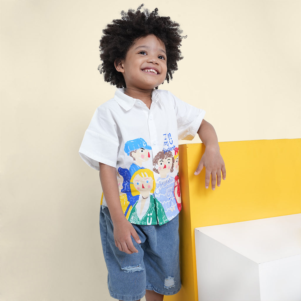 Boys White Printed Extended Sleeves Shirt With Denim Shorts Set 2 pc. Sets