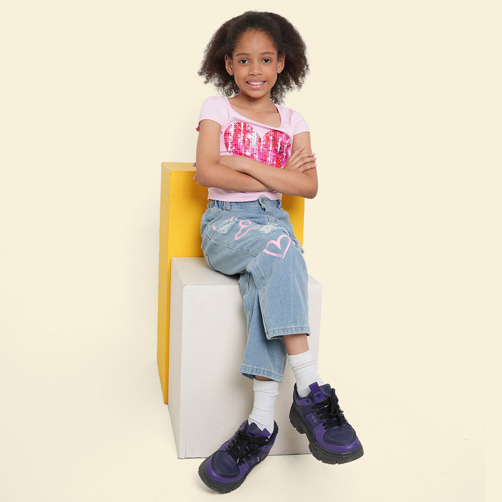 Girls Blue Heart Print Distress Denim Trousers Pants