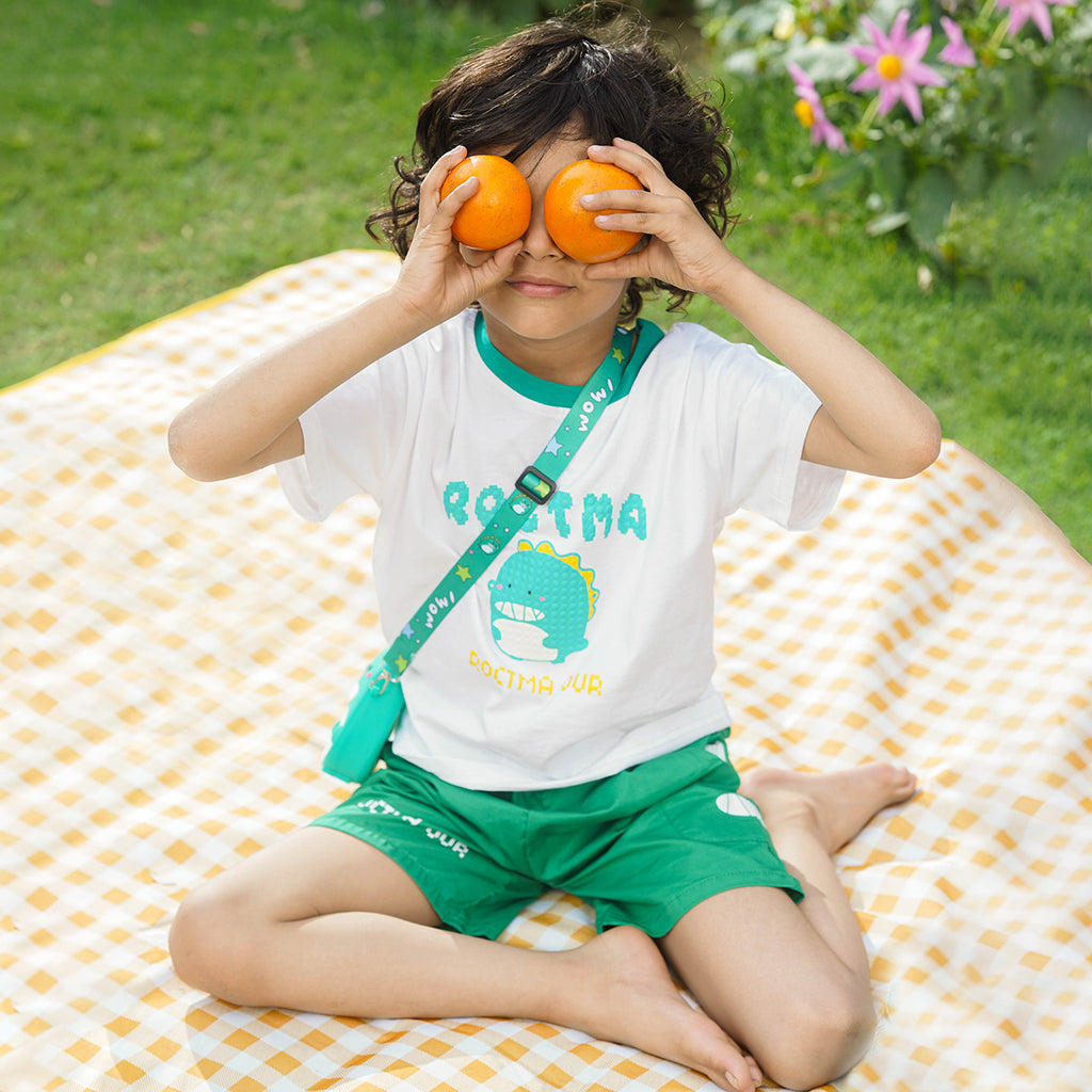 Boys White Dinosaur Printed T-Shirt with Green Shorts Set Sets Green 1-2 Y