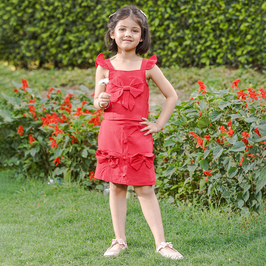 Girls Red Sleeveless Top With Bow And Shorts Sets 2 pc. Sets Red 3-4 Y