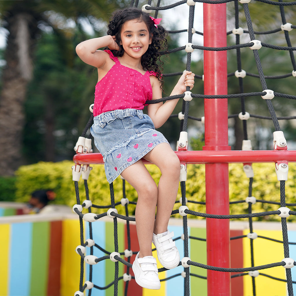 Girls Fuchsia Sleeveless Top With Heart Embroidery Denim Skirt Set 2 pc. Sets Fuchsia 2-3 Y