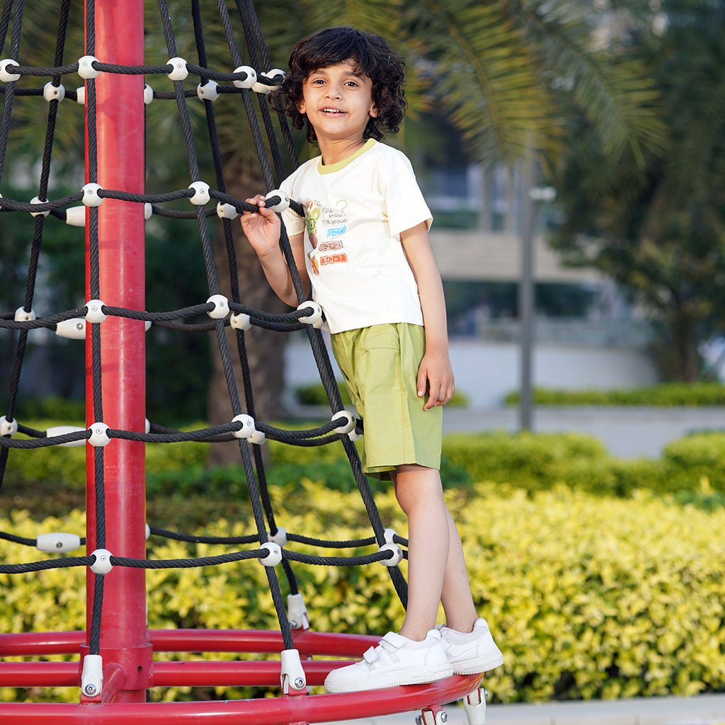 Boys Printed Short Sleeves T-Shirt with Green Shorts Set Sets Green 1-2 Y