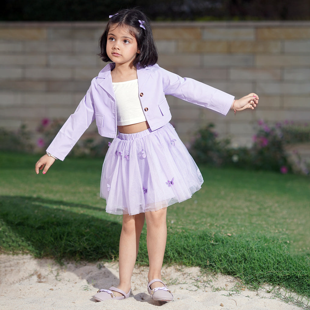 Girls Purple Long Sleeve Jacket With Camisole Top And Butterfly Embroidered Skirt Set 3 pc. Sets Purple 3-4 Y
