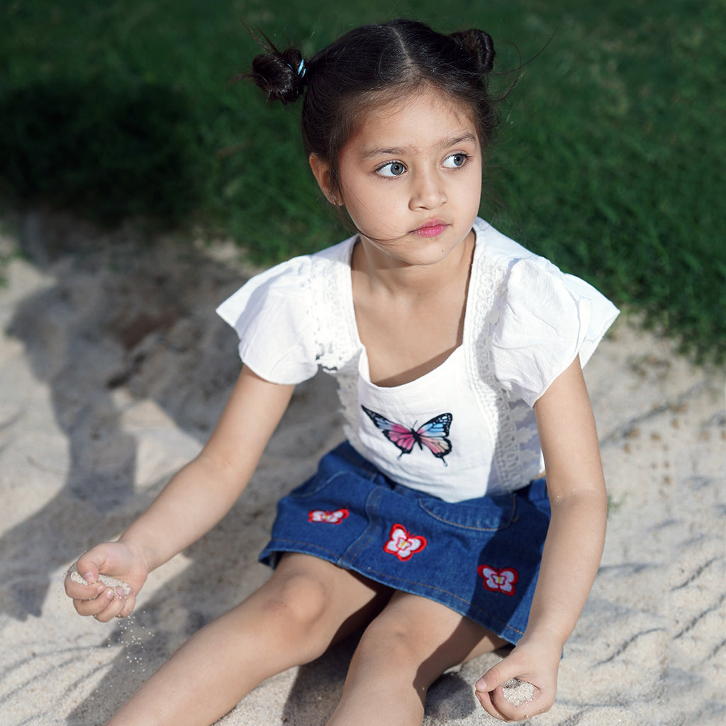 Girls White Short Sleeve Butterfly Print Top With Denim Skirt Set 2 pc. Sets