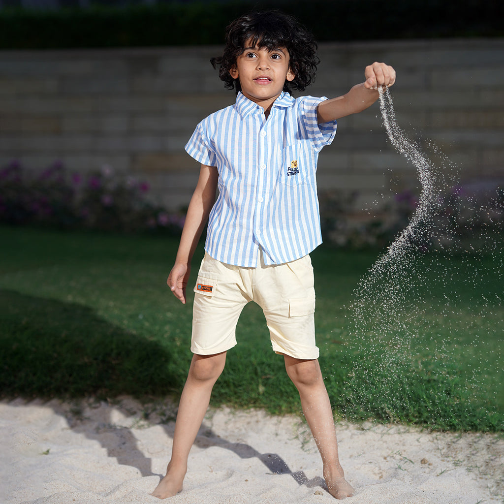 Boys Blue Stripes Short Sleeve Shirt With Elasticated Shorts Set 2 pc. Sets Blue 1-2 Y
