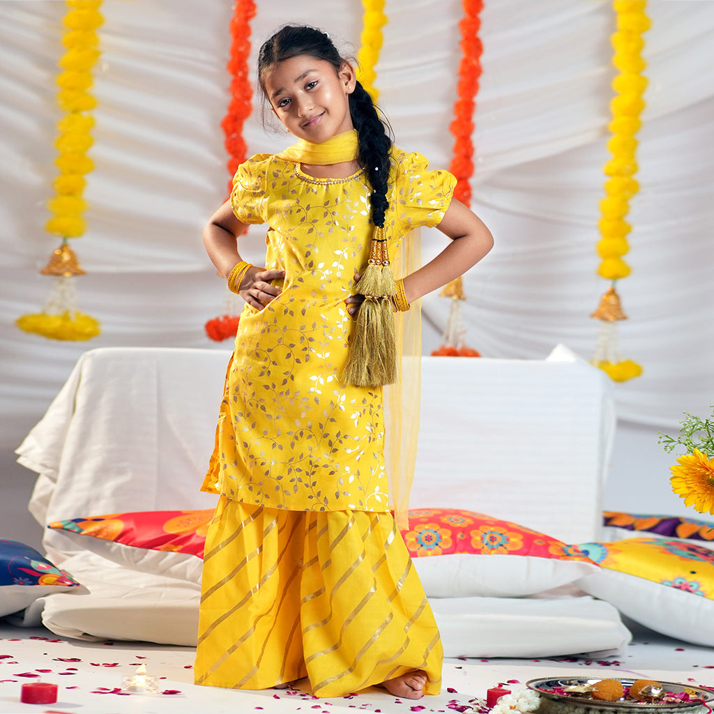 Girls Foil Print Kurta With Sharara & Dupatta Set Ethnicwear Girls