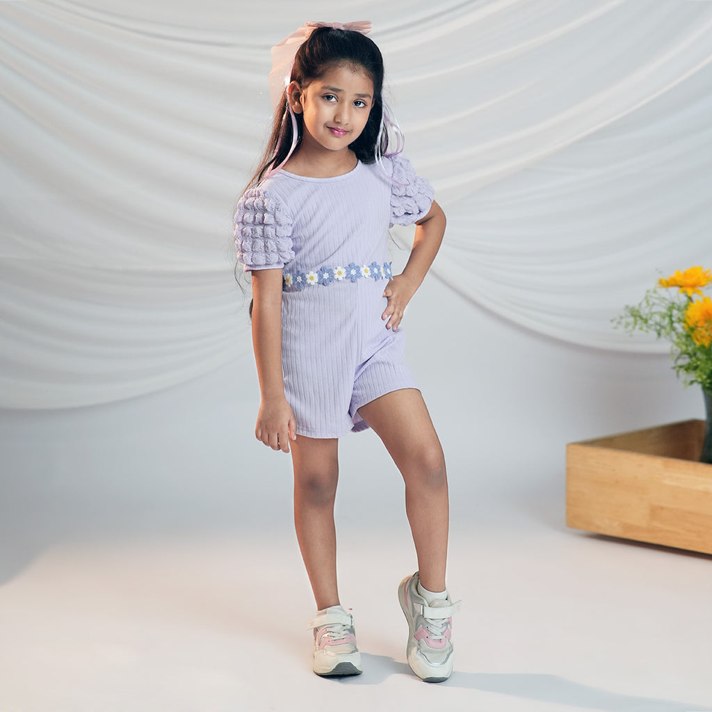Girls Purple Ribbed Above Knee Length Jumpsuit with Sling-Bag Jumpsuits