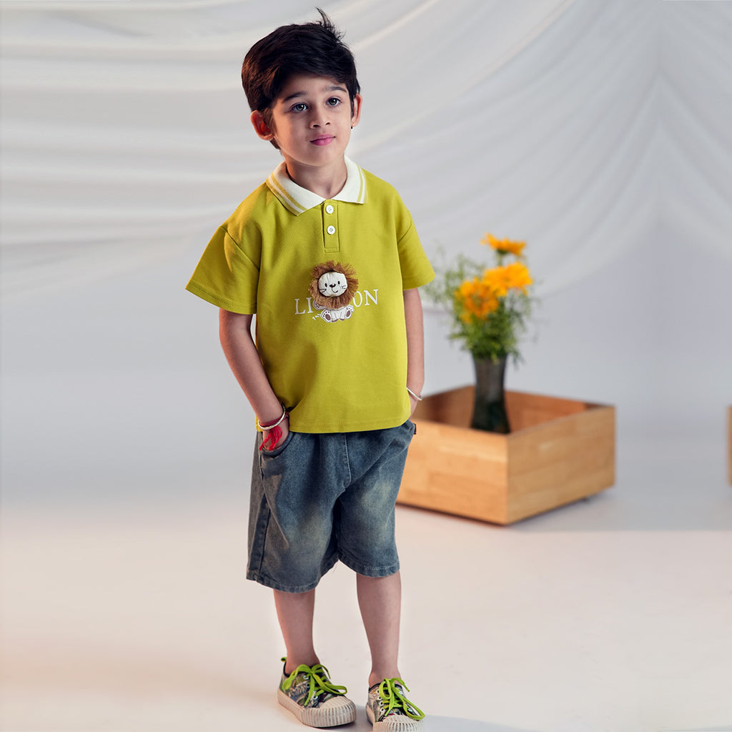 Boys Lion Applique Polo T-Shirt With Denim Shorts Set 2 pc. Sets Light Green 1-2 Y