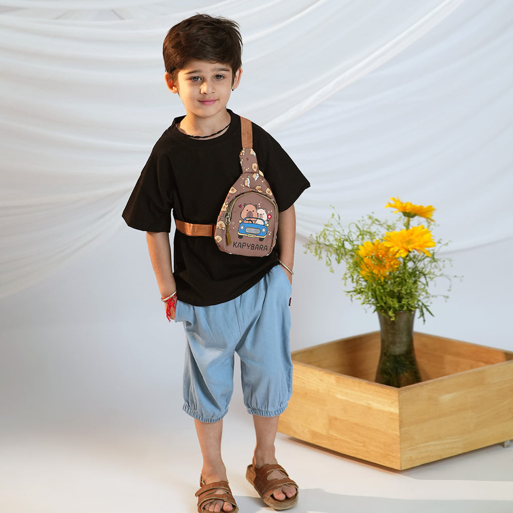 Boys Black Short Sleeves T-Shirt With Denim Pants And Sling Bag Set 3 pc. Sets Black 1-2 Y