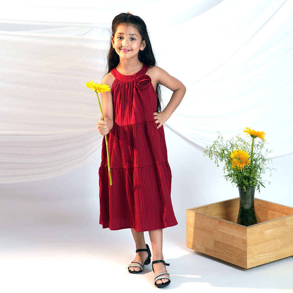 Girls Maroon Texture Panelled Halter Neck A-line Dress Casual Dresses