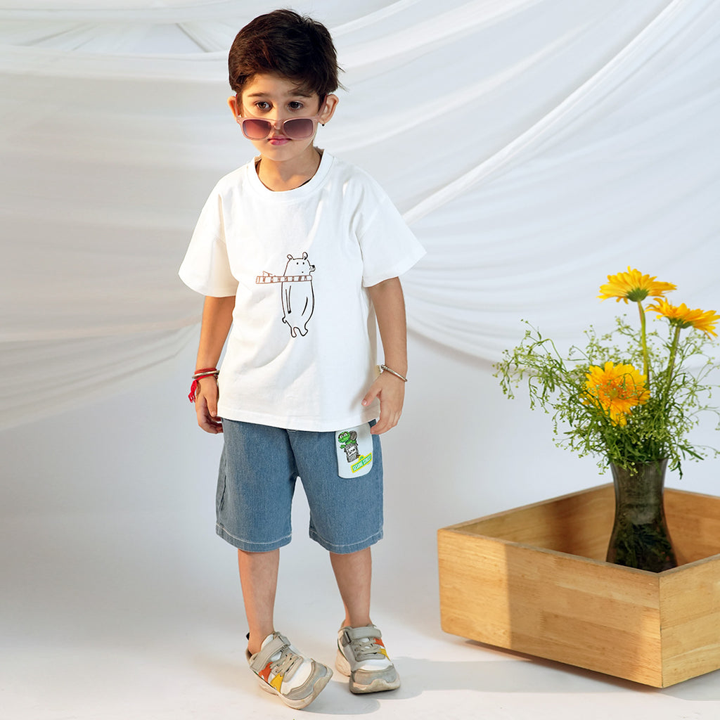 Boys Short Sleeve Graphic White T-Shirt With Denim Shorts Set Sets White 1-2 Y