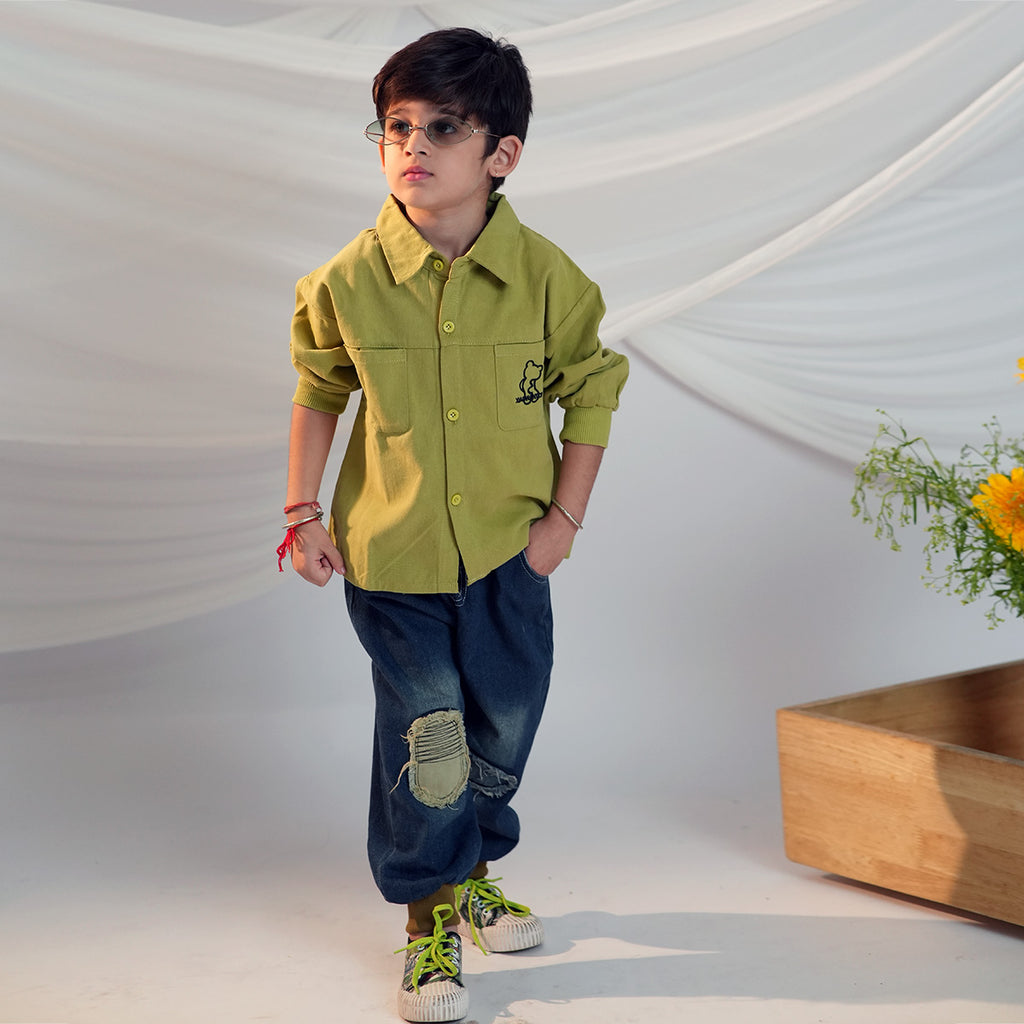 Boys Green Long Sleeves Shirt With Distress Denim Jeans Set Sets Green 1-2 Y