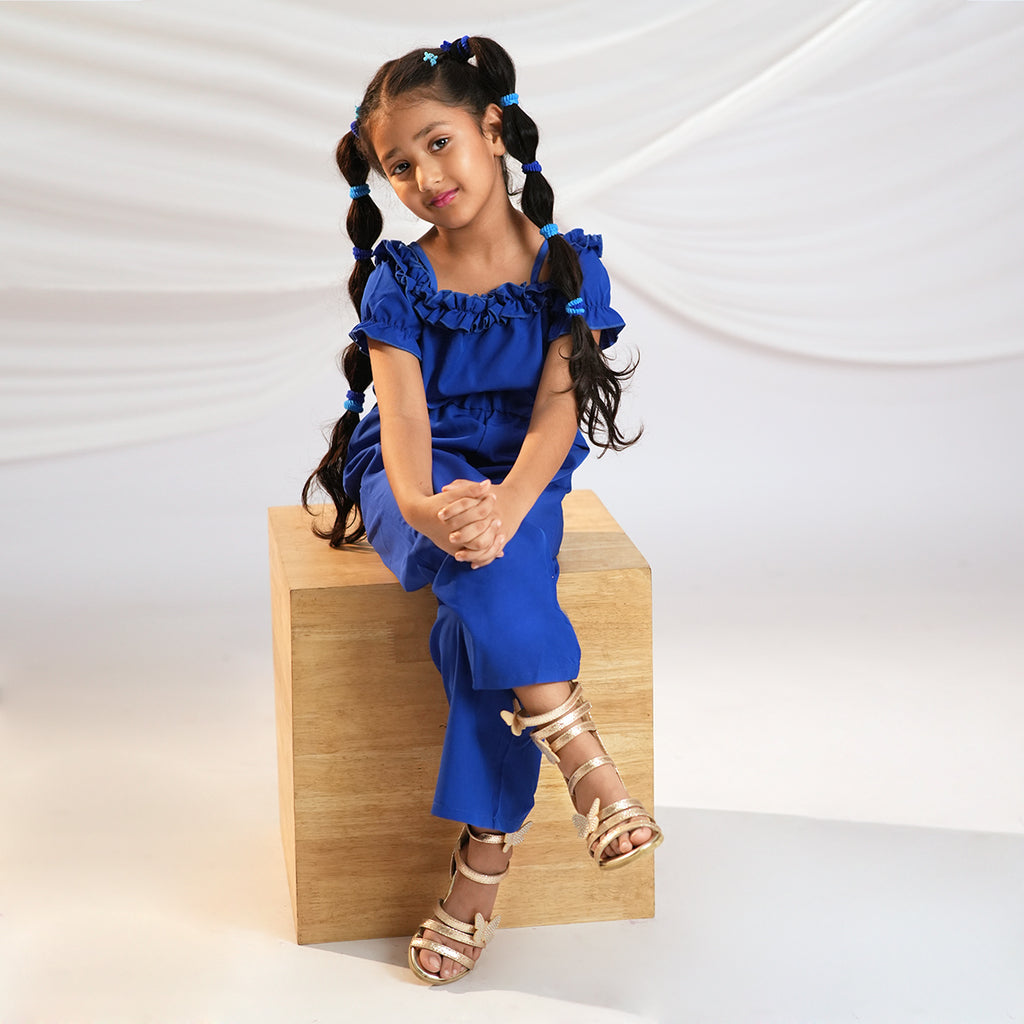 Girl Off Shoulder Long Length Jumpsuit With Waist Belt Jumpsuits Blue 4-5 Y