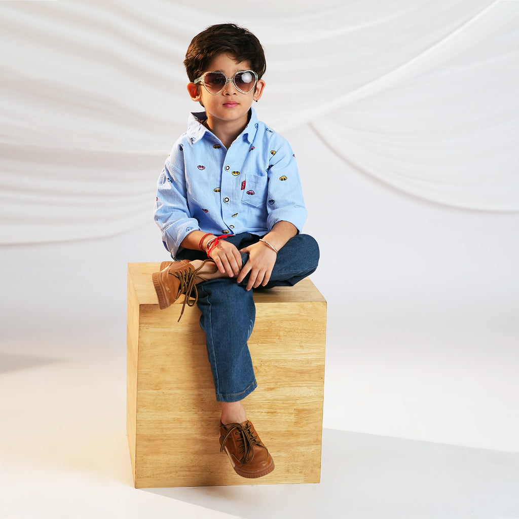 Boys Car Printed Long Sleeve Shirt With Denim Pant Set Sets Light Blue 1-2 Y