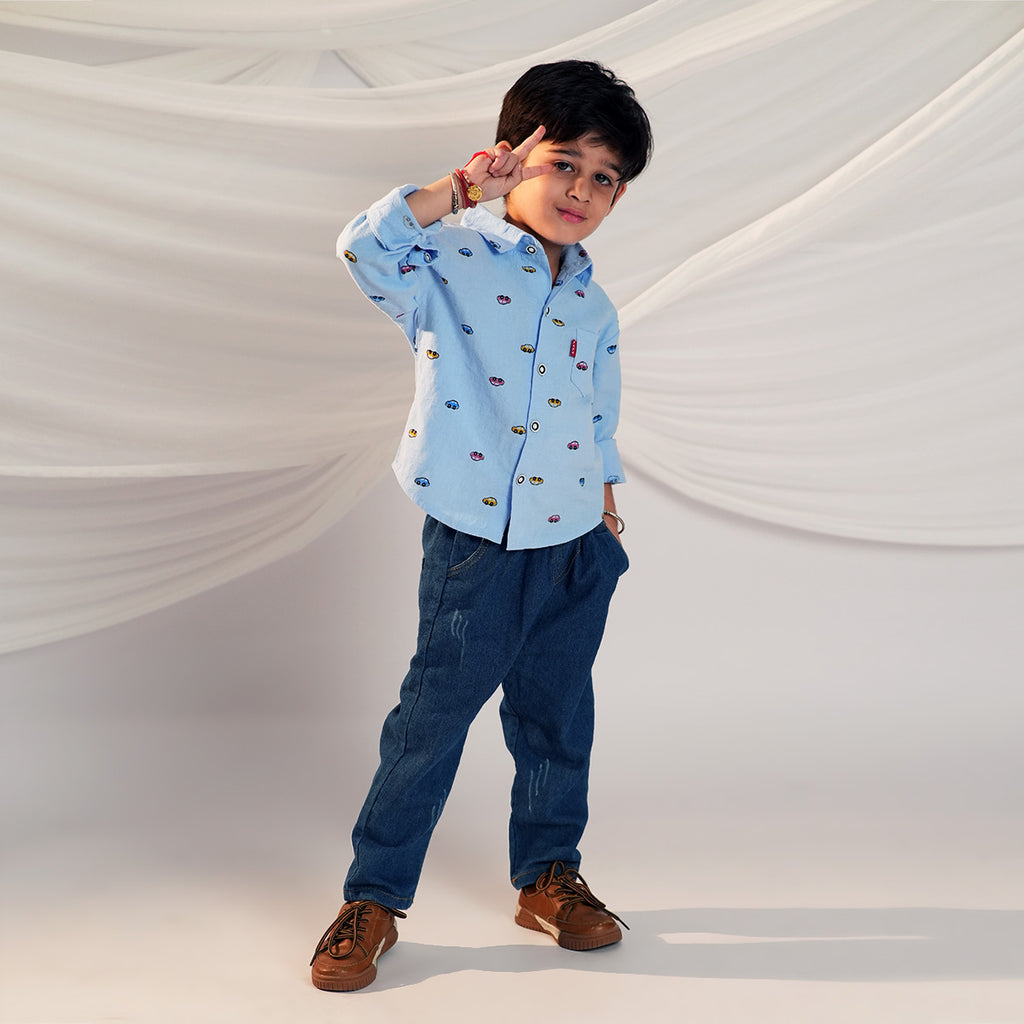 Boys Car Printed Long Sleeve Shirt With Denim Pant Set Sets