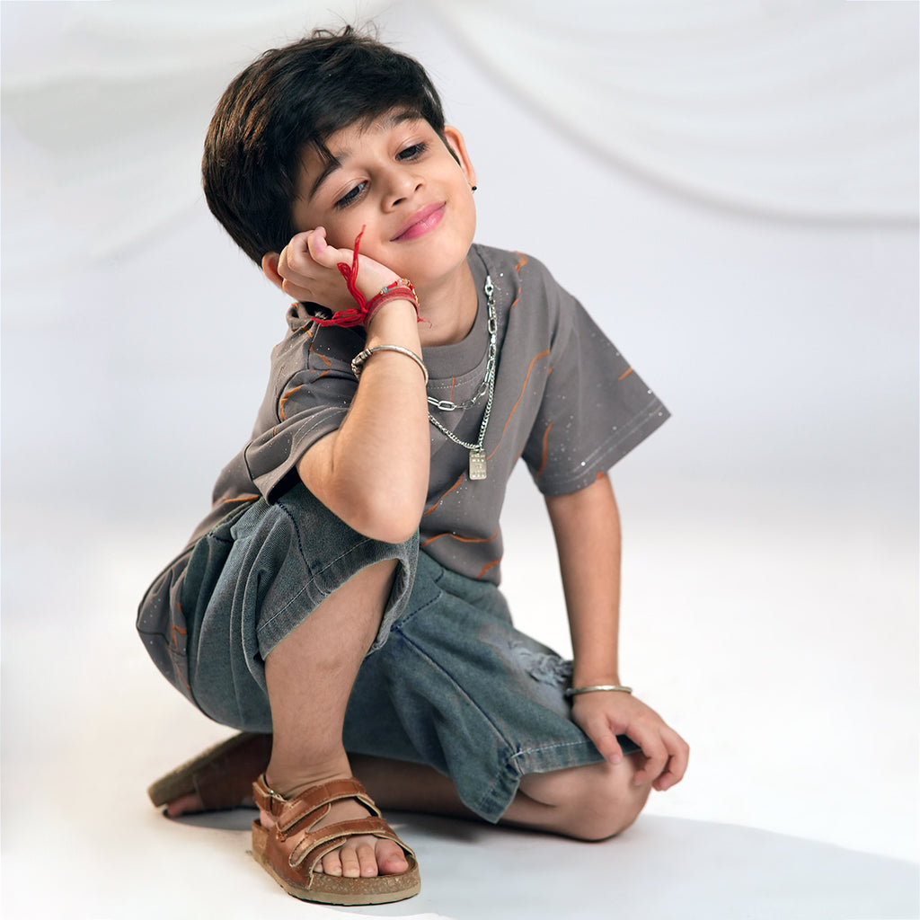 Boys Brown Printed Short Sleeve T-Shirt With Denim Shorts Set And Neck Chain 3 pc. Sets Brown 1-2 Y