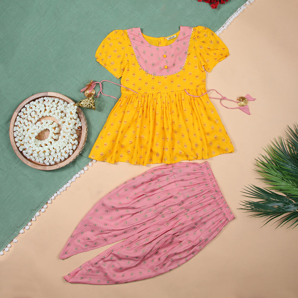 Girls Yellow Printed Peplum Kurti with Dhoti Set Ethnicwear Girls Yellow 1-2 Y