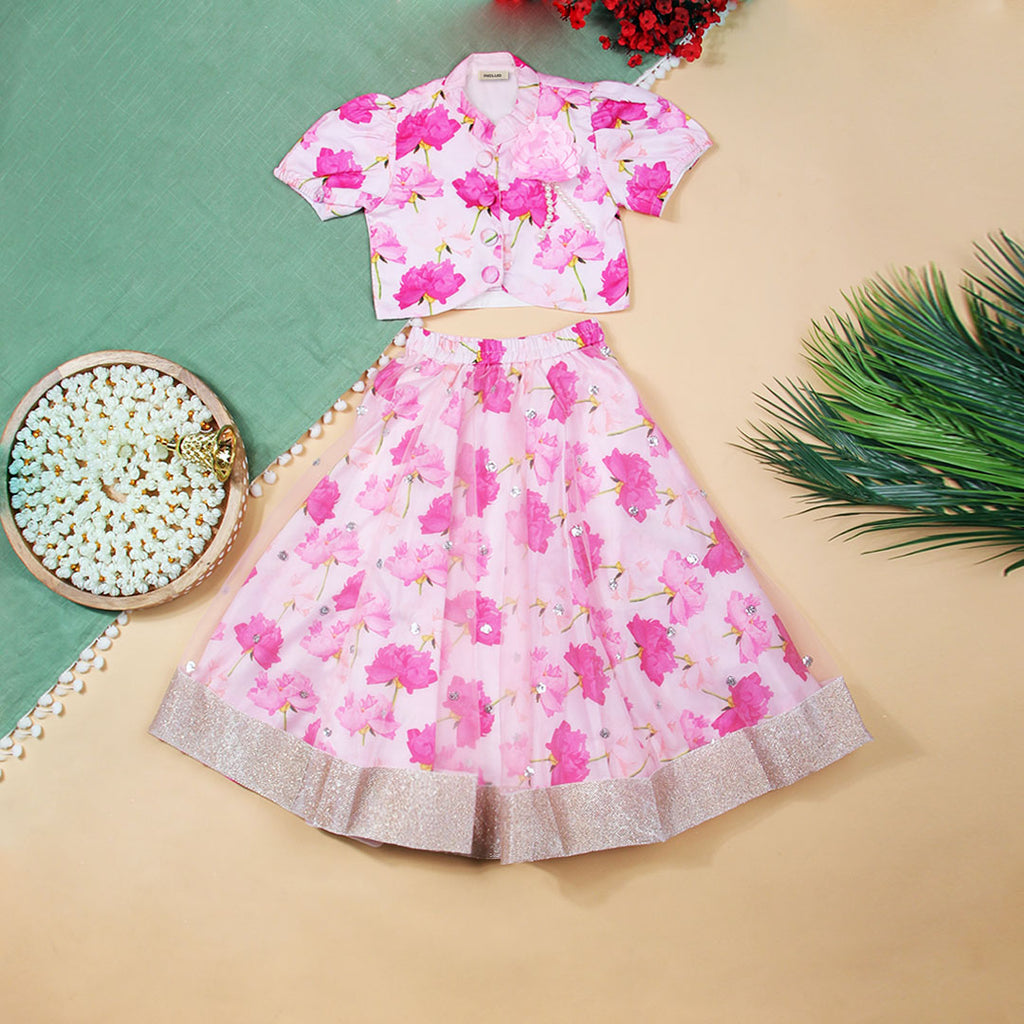 Girls Pink Floral Print Lehenga-Choli Set Ethnicwear Girls