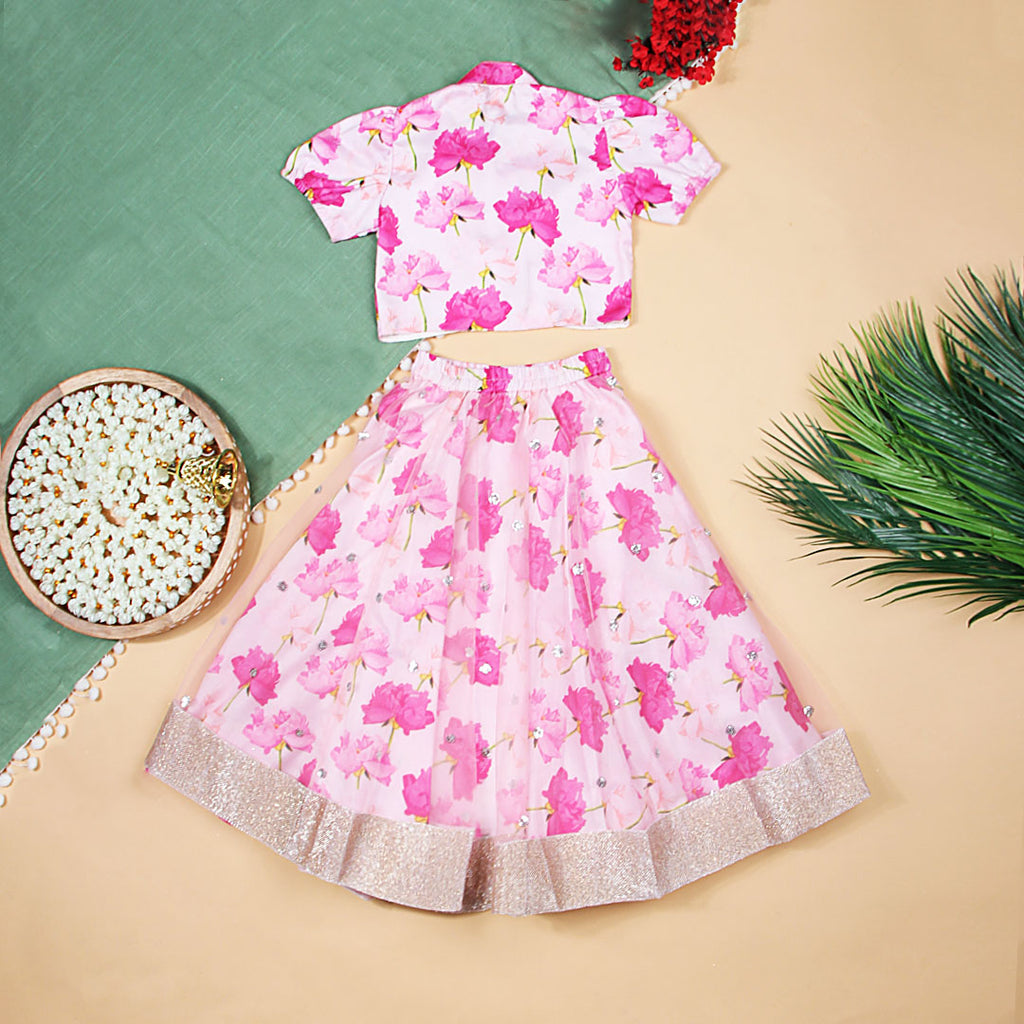 Girls Pink Floral Print Lehenga-Choli Set Ethnicwear Girls Pink 1-2 Y