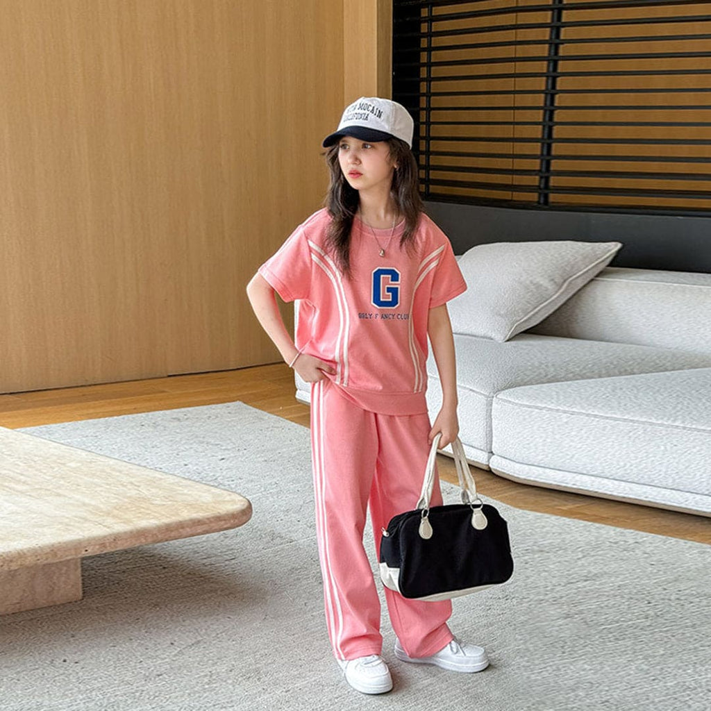 Girls Green Short Sleeve Graphic T-Shirt With Knitted Trouser Sets Pink 6-7 Y