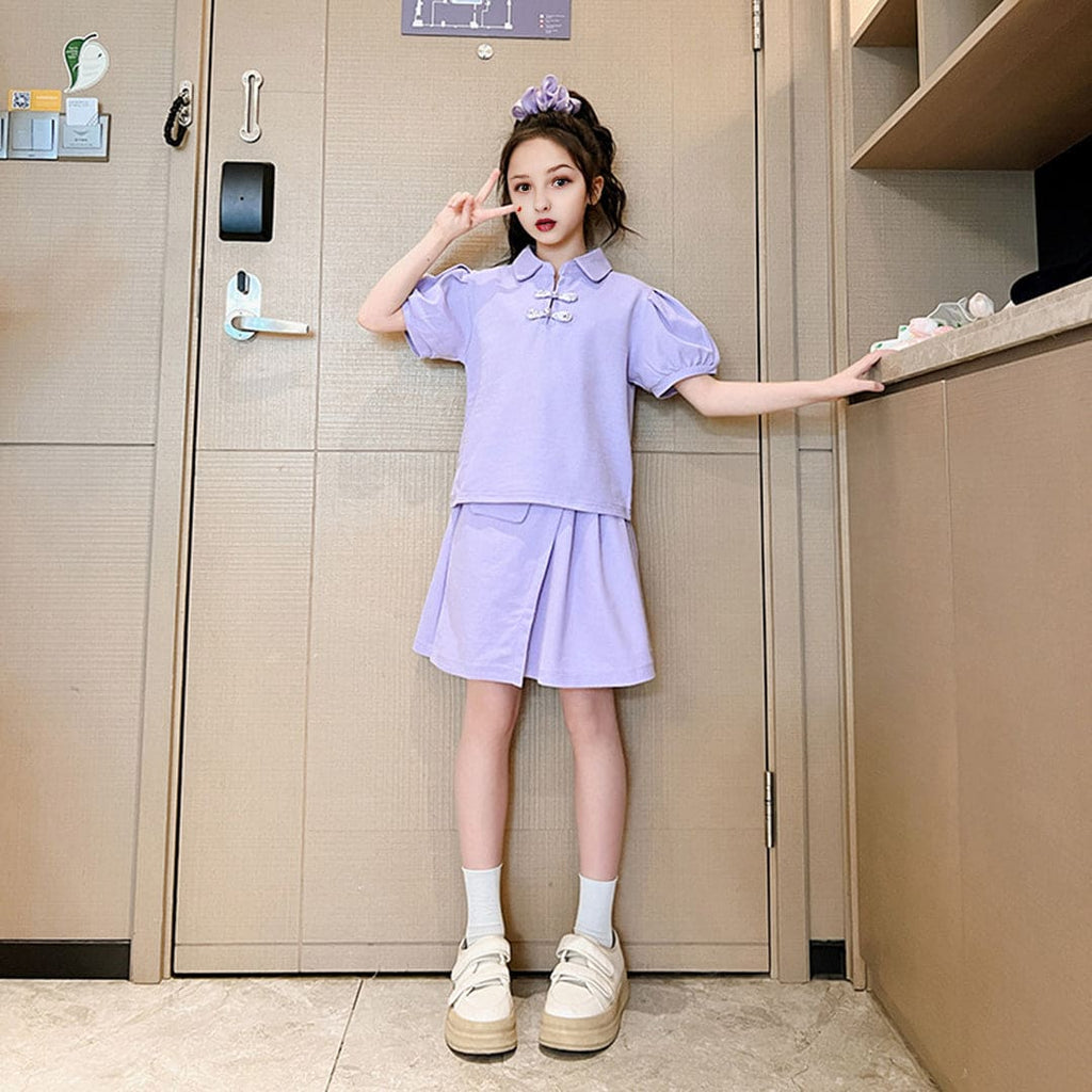 Girls Puff Sleeves Top With Overlap Skirt Set Sets Purple 3-4 Y 