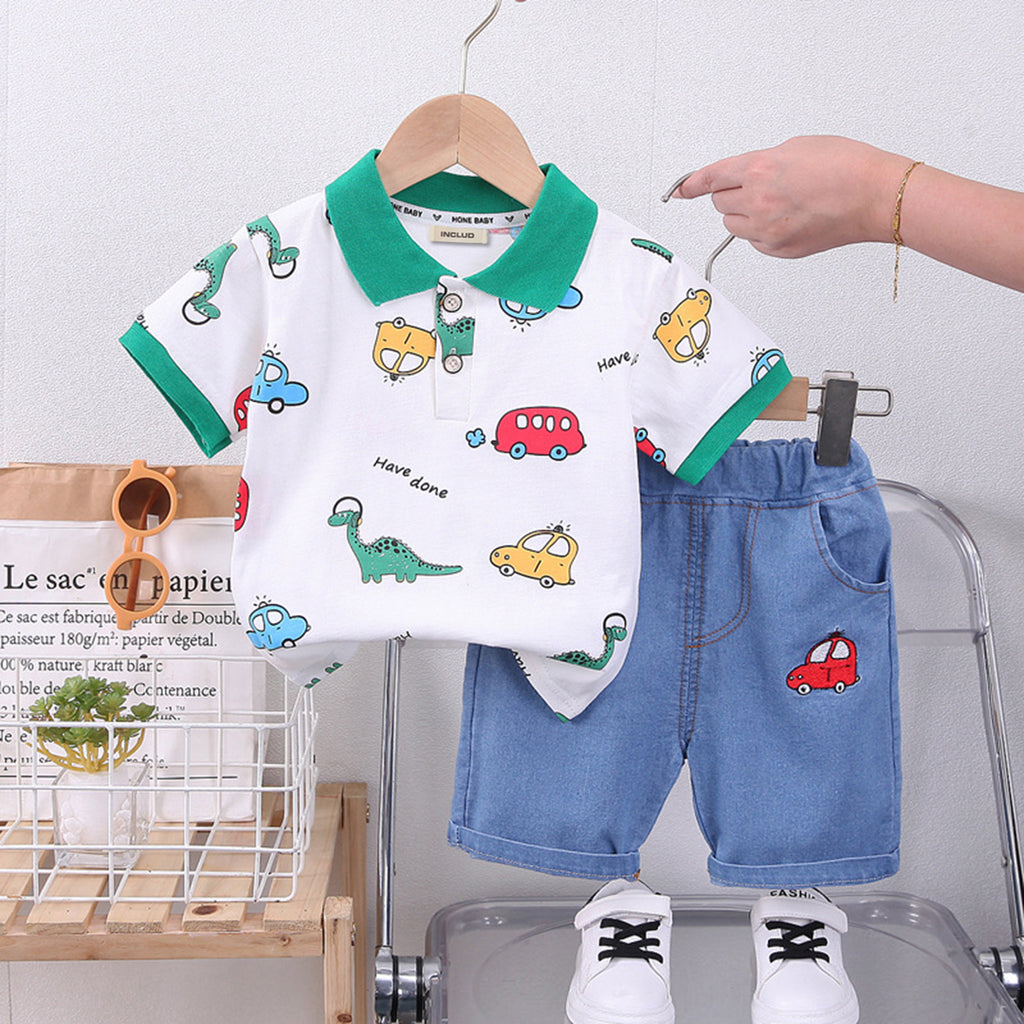 Boys Car Bus Printed Polo T-Shirt With Denim Shorts Sets White 1-2 Y 