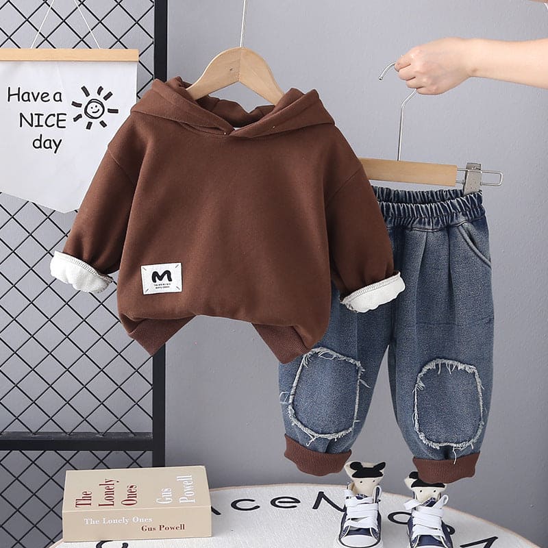 Boys Brown Hooded Sweatshirt with Jeans Set Sets Brown 1-2 Y 