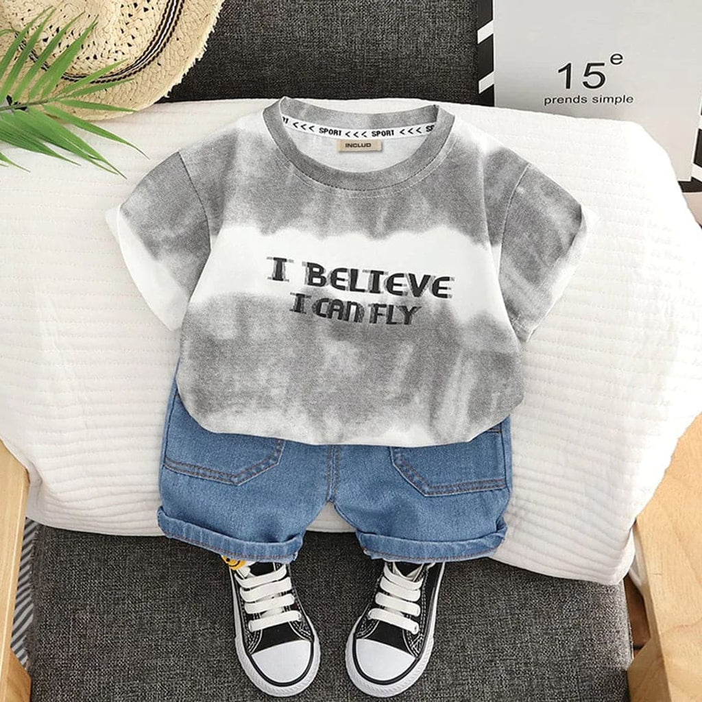 Boys Printed T-Shirt With Denim Shorts Sets Gray 1-2 Y 