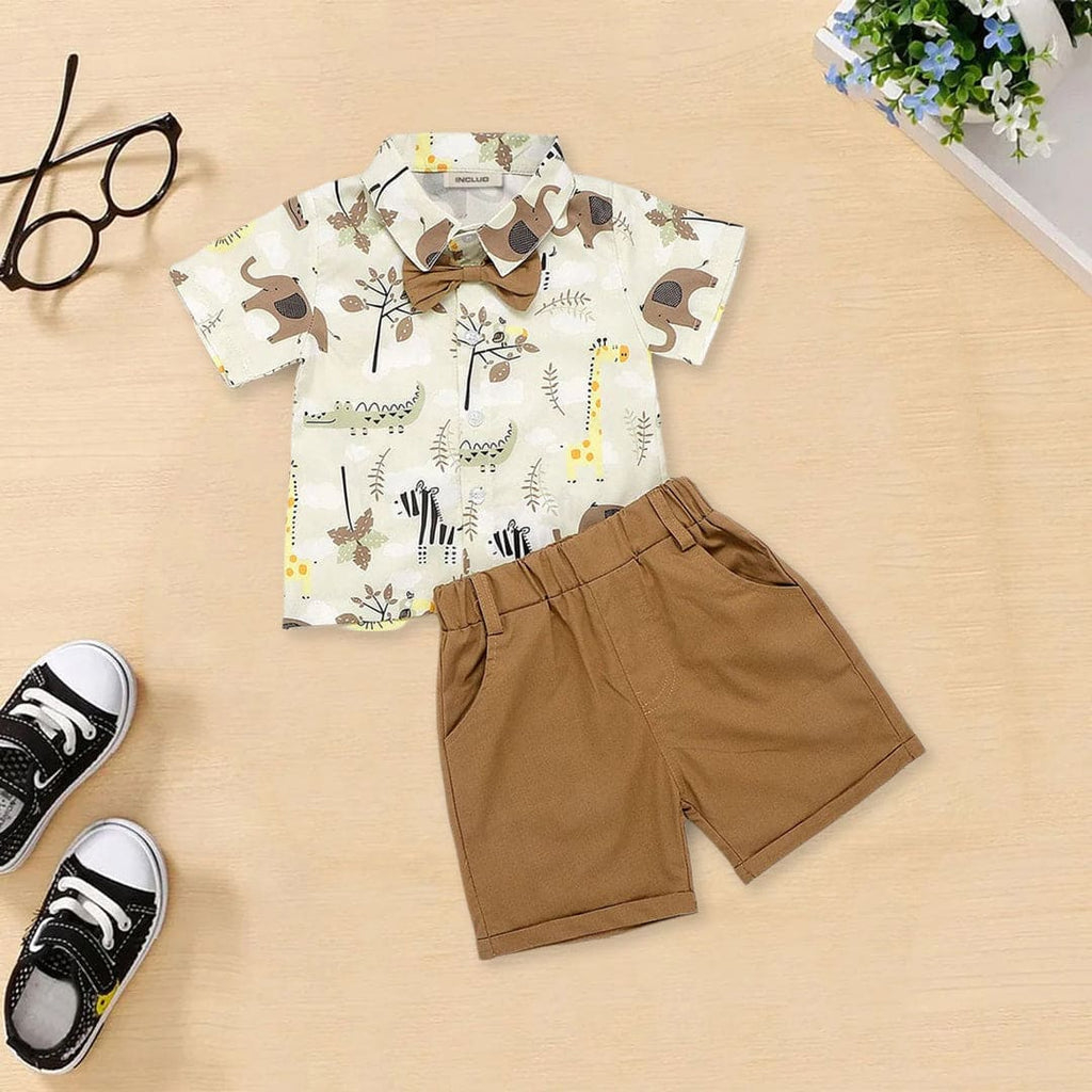 Boys Printed Shirt With Shorts Sets Beige 1-2 Y 