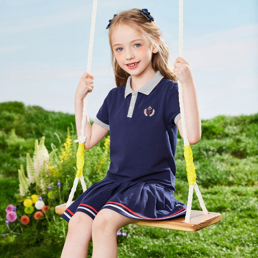 Girls Short Sleeve Polo Drop Waist Dress Casual Dresses Blue 1-2 Y 