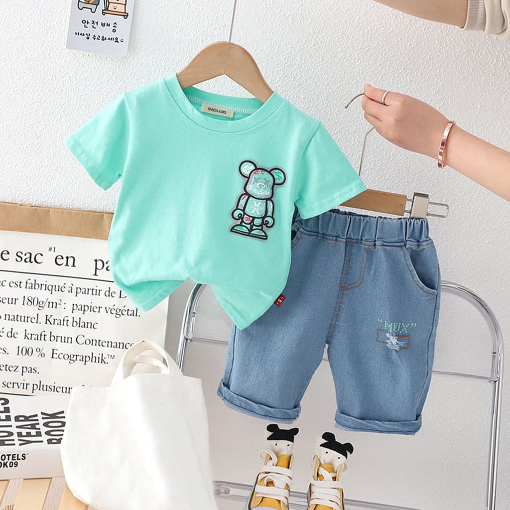 Boys Graphics Print T-Shirt With Denim Shorts Sets Light Green 1-2 Y 