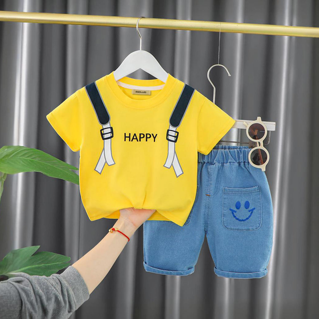 Boys Printed T-shirt with Denim Shorts Set Sets Yellow 1-2 Y