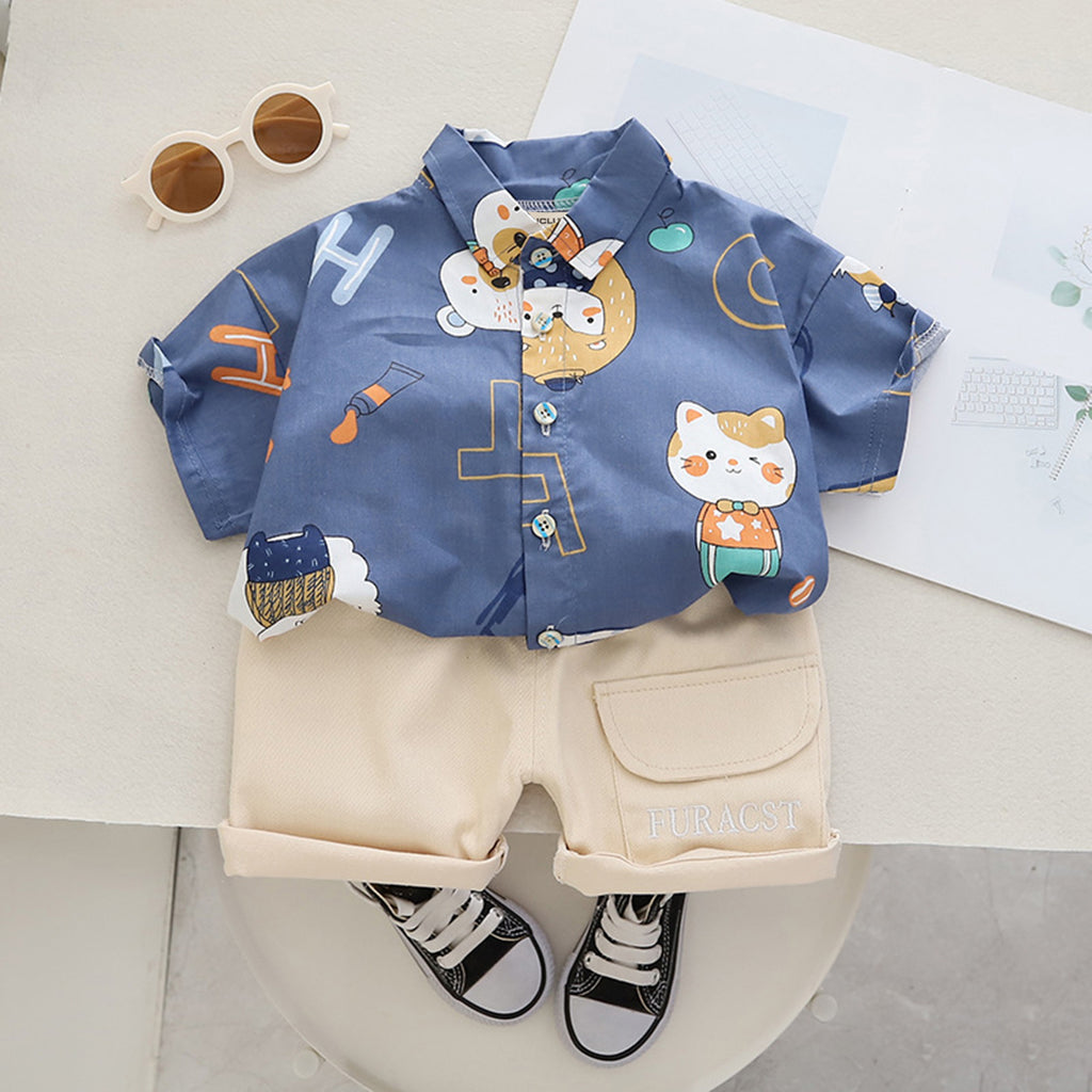 Boys Printed Shirts With Flap Pocket Shorts Sets Gray 1-2 Y 