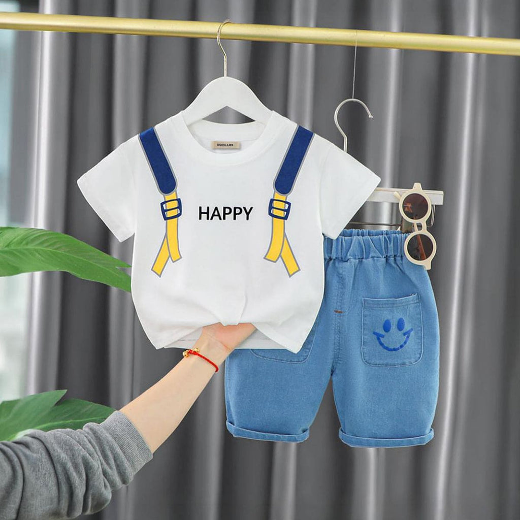 Boys Printed T-shirt with Denim Shorts Set Sets White 1-2 Y