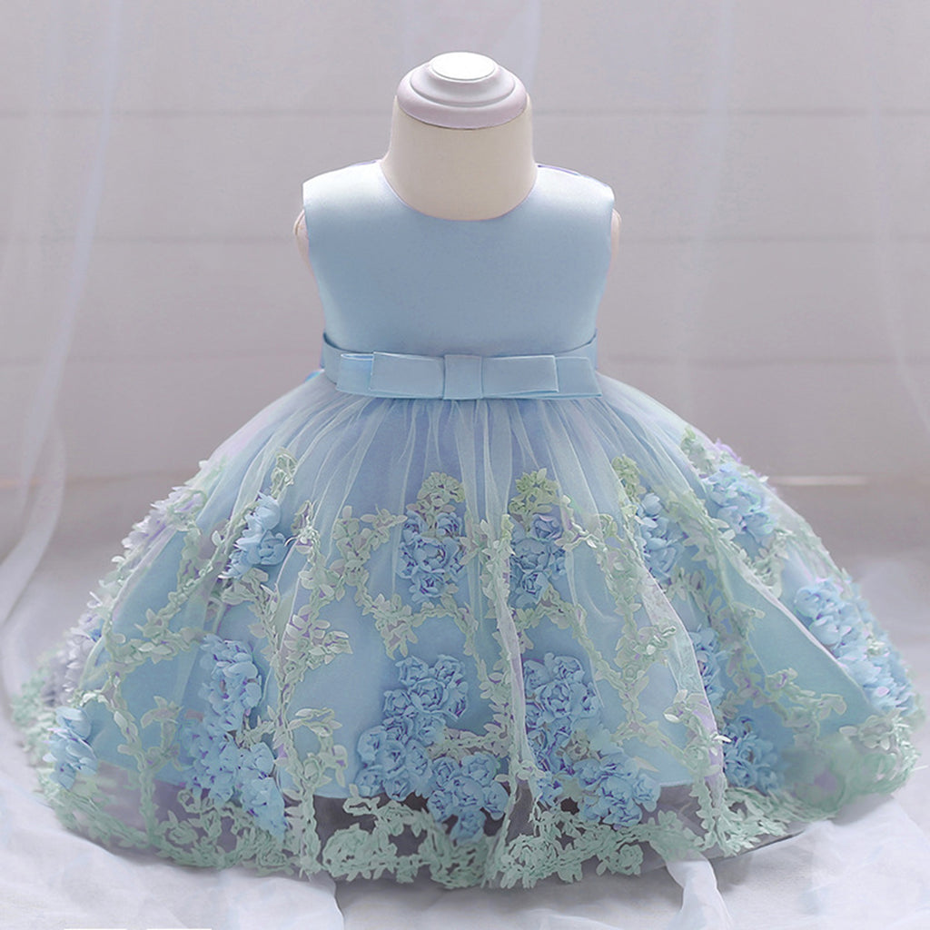Girls Flower Applique Tulle Party Dress Party Dresses Blue 1-2 Y 