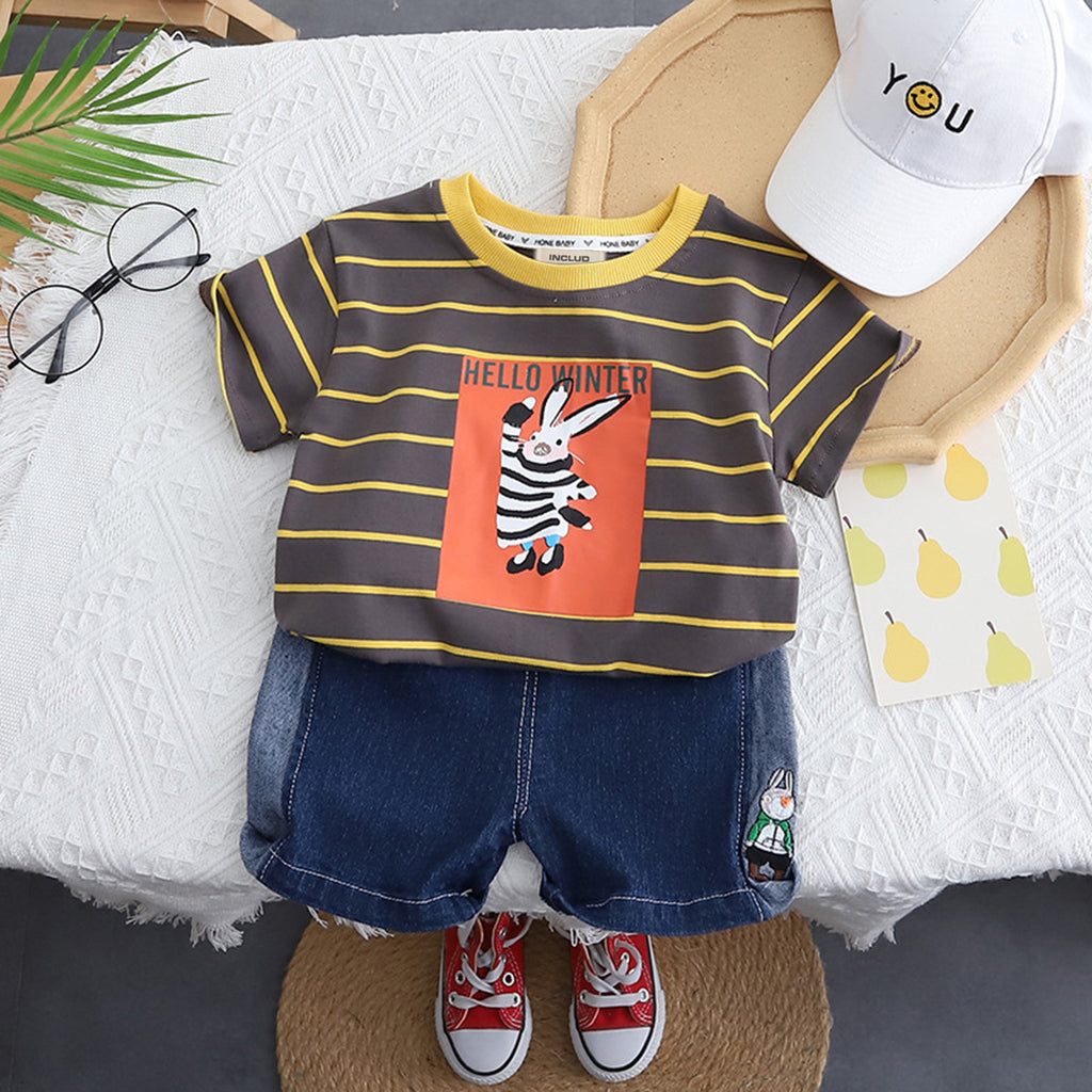 Boys Stripes Graphics T-Shirt & Denim Shorts Sets Brown 1-2 Y 