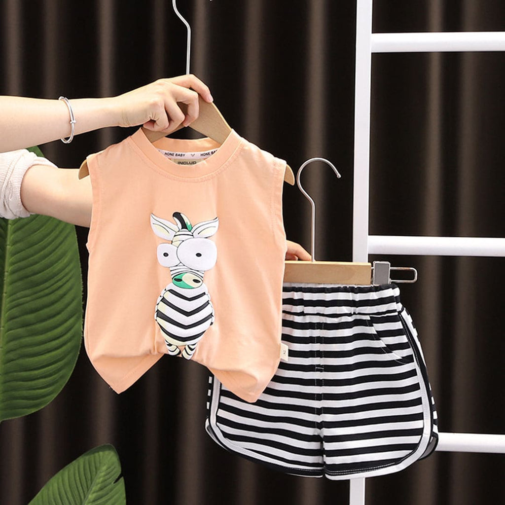 Boys Giraffe Printed T-Shirt & Striped Shorts Sets Peach 1-2 Y 