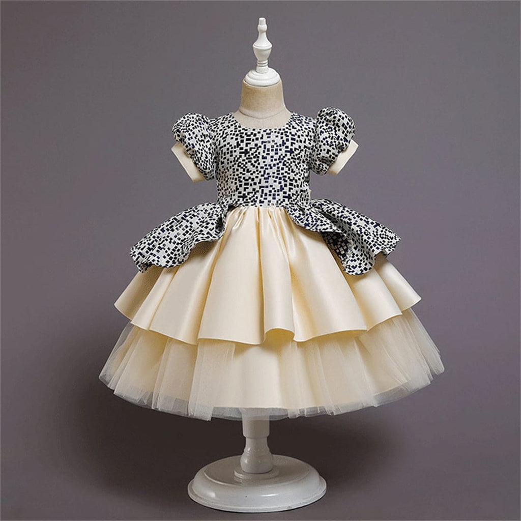 Girls Geometric Print Tiered Party Dress Party Dresses Beige 1-2 Y 