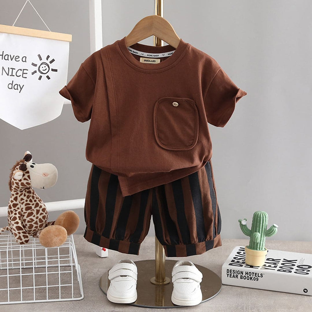 Boys Round Pocket T-Shirt & Striped Shorts Sets Brown 1-2 Y 