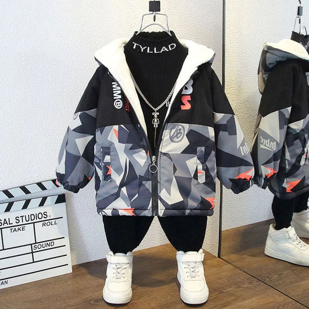 Boys Camouflage Print Fleece Hooded Jacket Coats & Jackets Grey 1-2 Y 