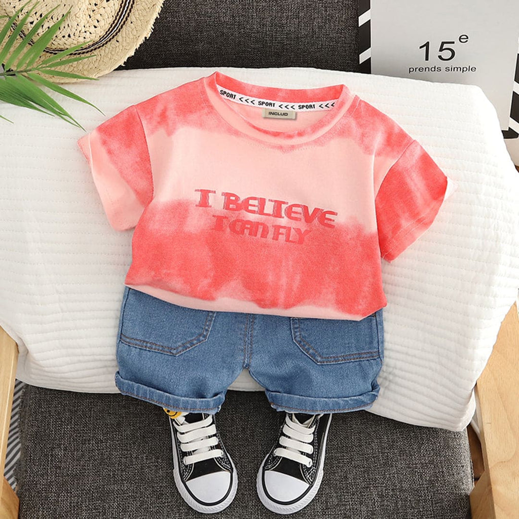 Boys Printed T-Shirt With Denim Shorts Sets Pink 1-2 Y