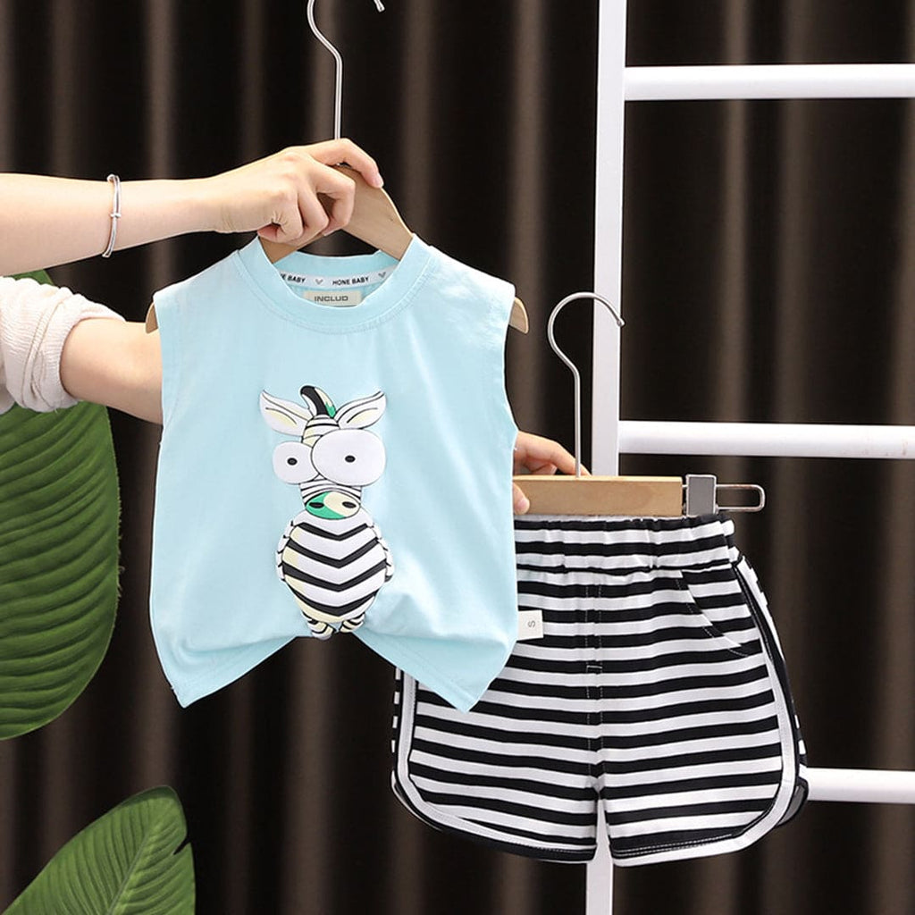 Boys Giraffe Printed T-Shirt & Striped Shorts Sets Sky Blue 1-2 Y 