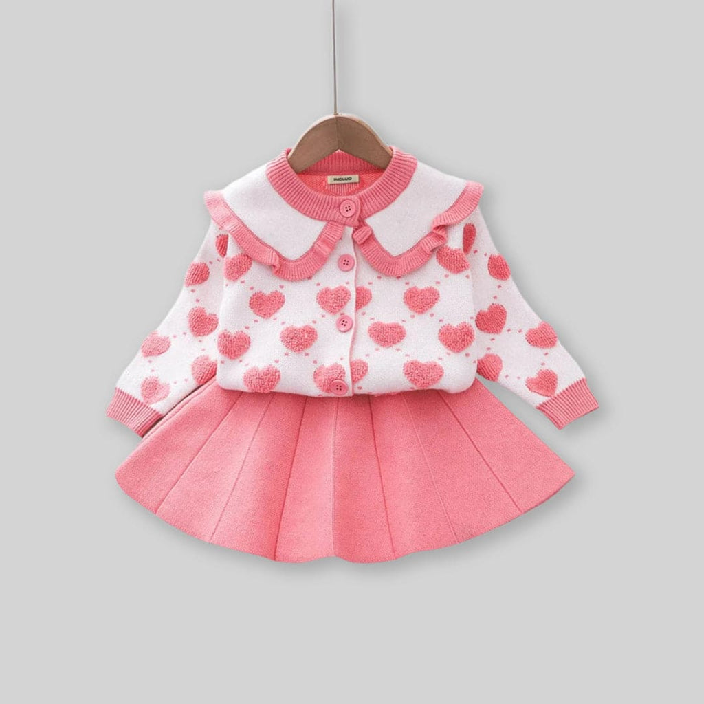 Girls Heart Embroidered Cardigan with Skirt Set Sets Pink 1-2 Y 