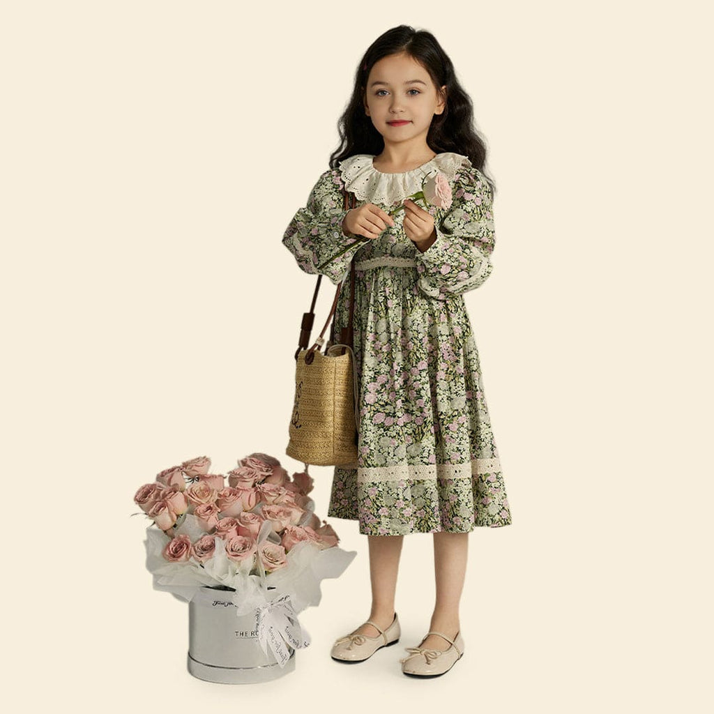 Girls Long Sleeve Floral Print Lace Collar Dress Casual Dresses Green 1-2 Y 