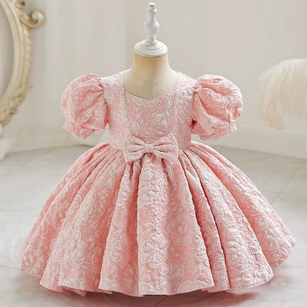Girls Puff Sleeve Texture Fit & Flare Party Dress Party Dresses Pink 1-2 Y