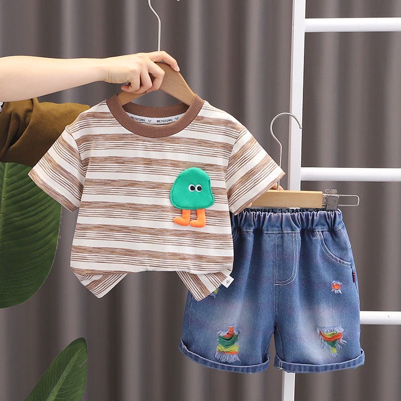 Boys Striped T-shirt with Denim Shorts Set Sets Brown 1-2 Y 