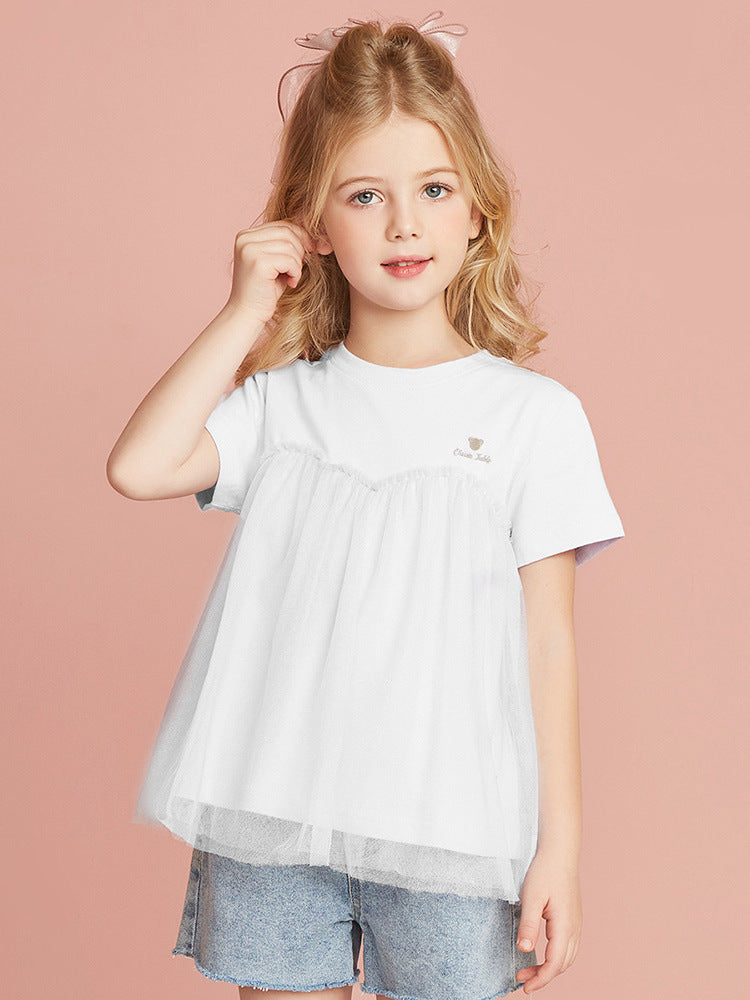 Girls Short Sleeve Mesh Detailed T-Shirt Tshirts White 1-2 Y 