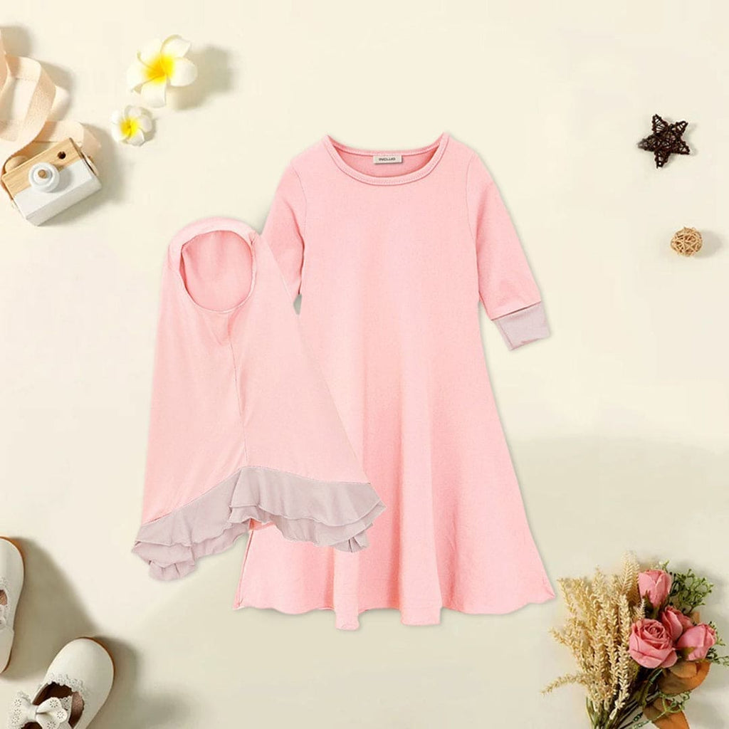 Girls Long Sleeve Dress With Head Scarf (Copy) Casual Dresses Pink 2-3 Y