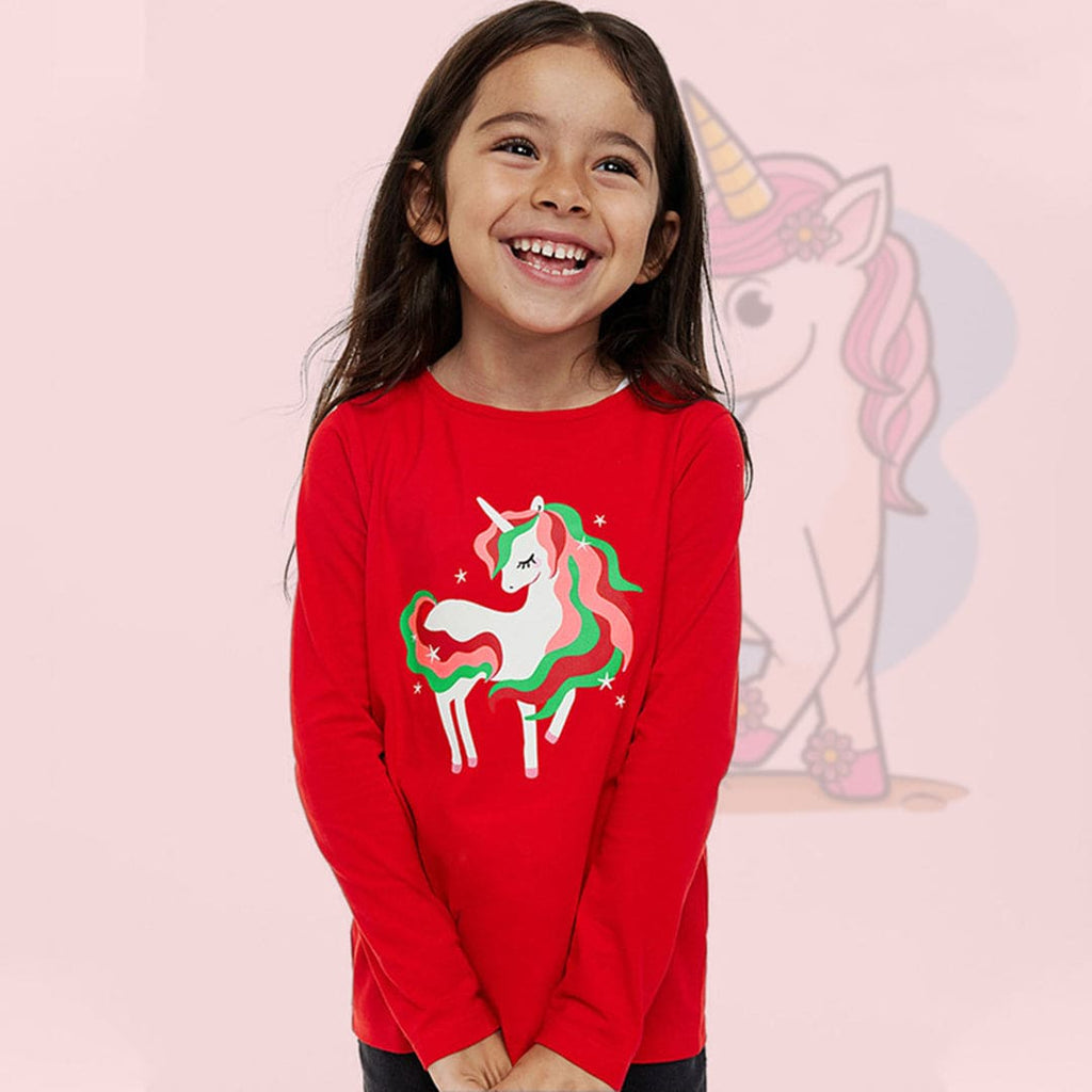 Girls Unicorn Print T-shirt Tshirts Red 1-2 Y 