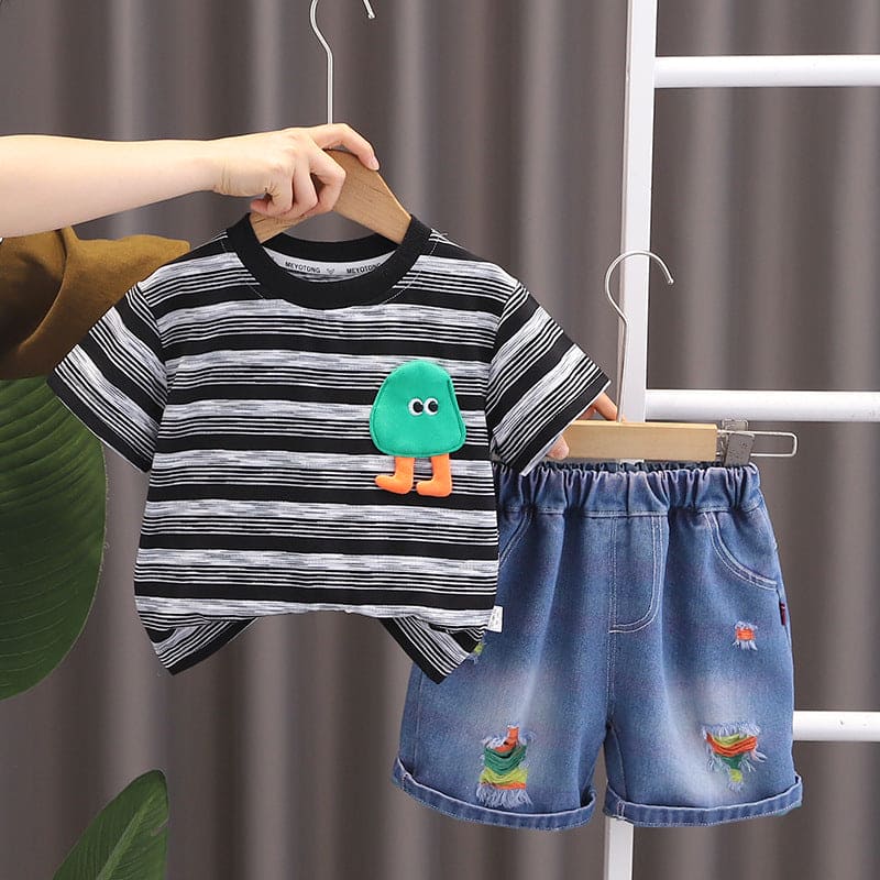 Boys Striped T-shirt with Denim Shorts Set Sets Black 1-2 Y 